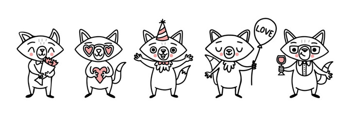 Cute cartoon fox characters with flowers, hearts, party hat, balloon and wine glass. Adorable hand-drawn animals perfect for Valentines Day, celebration designs, stickers, greeting cards and decor