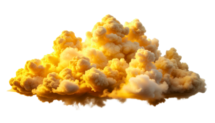 Bright golden-yellow cloud with soft orange burn highlights, stylized 3D illustration, warm sunset illumination, isolated on transparent background PNG.
