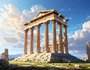 An ancient Greek temple basks in sunlight, its columns soaring towards a bright blue sky dotted with puffy clouds. A historical scene