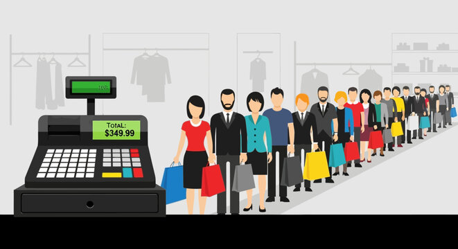 Long Queue at Checkout: A long line of customers patiently await their turn at the checkout counter, holding shopping bags filled with purchases.