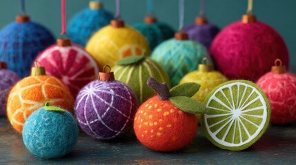 Obraz premium Assortment of colorful handmade felt ornaments resembling fruits and spheres arranged on a textured surface