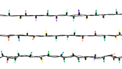Christmas string lights border with glowing colorful bulbs forming holiday garland on transparent background