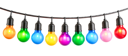Christmas string lights border with glowing colorful bulbs forming holiday garland on transparent background