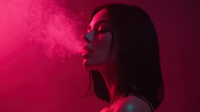 Mysterious Aura: A woman exhales a cloud of pink vapor, her silhouette outlined by vibrant crimson light, evoking a sense of mystery and allure.