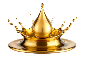 Golden oil drop splashing, creating ripple effects. Viscous liquid falling, isolated on transparent background