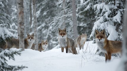 Naklejka premium A group of foxes standing in a snow covered forest during snowfall winter
