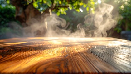 Steam rising from polished wood against dark background