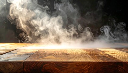 Steam rising from polished wood against dark background