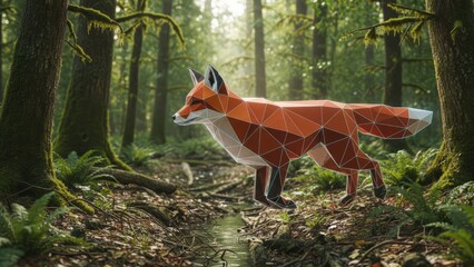 Geometric Fox in Lush Forest with Morning Sunlight and Greenery