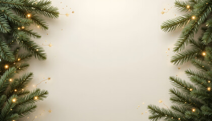Christmas background. Green fir branches with gold baubles on a cream backdrop. Christmas, winter holidays, New Year