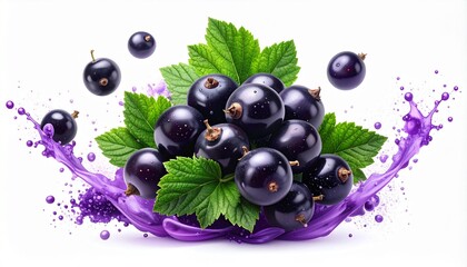 Watercolor blackcurrants with green leaves and purple splashes