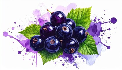 Watercolor blackcurrants with green leaves and purple splashes