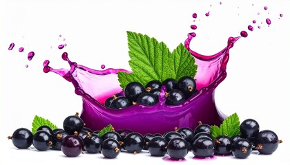 Purple juice splash with blackcurrants and green leaves
