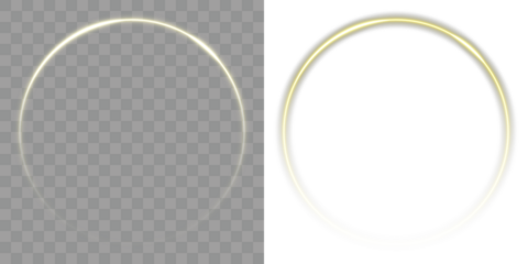 A lighting effect for dark backgrounds. A cosmic, abstract PNG element perfect for magical, night-themed, or astronomy-inspired transparent designs. Futuristic minimal light art Gold glowing ring PNG.