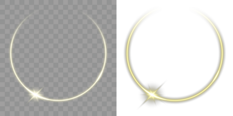 Golden Light Ring on Transparent Background. Magic aura golden circle clipart isolated on transparent background for luxury design and decoration. Gold glowing ring PNG. Futuristic minimal light art