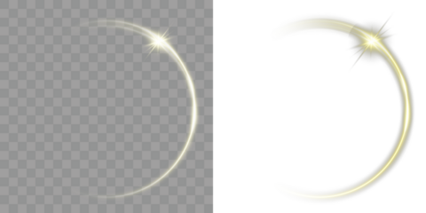 A cosmic, abstract PNG element perfect for magical, night-themed, or astronomy-inspired transparent designs. A lighting effect for dark backgrounds. Gold glowing ring PNG. Futuristic minimal light art