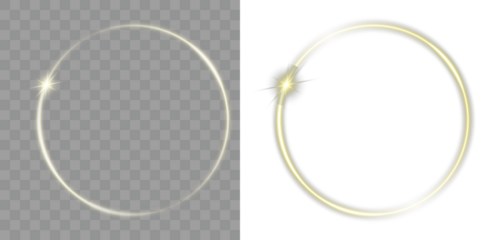Golden Light Ring on Transparent Background. Magic aura golden circle clipart isolated on transparent background for luxury design and decoration. Gold glowing ring PNG. Futuristic minimal light art