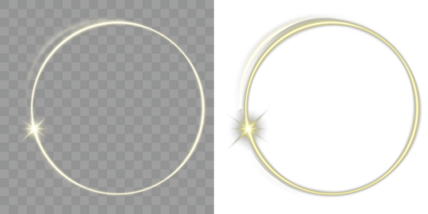 Glowing orange neon circle on black and transparent background, vibrant luminous ring design. Shiny circular golden frame with sparkles, dust particles and halo light. Futuristic minimal light art