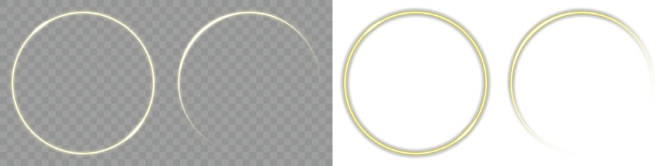 Magic aura golden circle clipart isolated on transparent background for luxury design and decoration. Shiny circular golden frame with sparkles, dust particles and halo light. Gold glowing ring PNG.