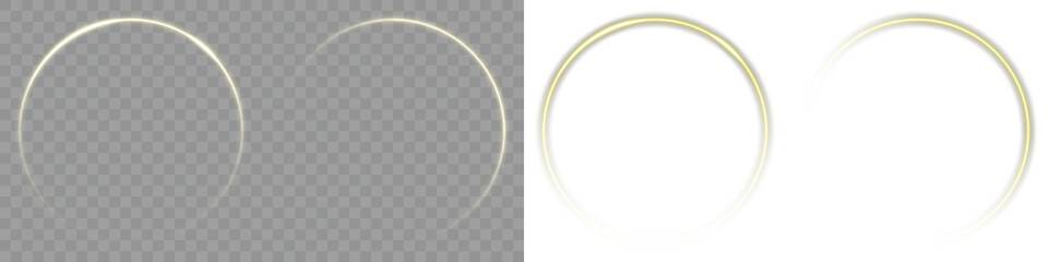 Shiny circular golden frame with sparkles, dust particles and halo light. Golden Light Ring on Transparent Background. A glowing circular trail with a warm shimmer for overlays. Gold glowing ring PNG. © Slava