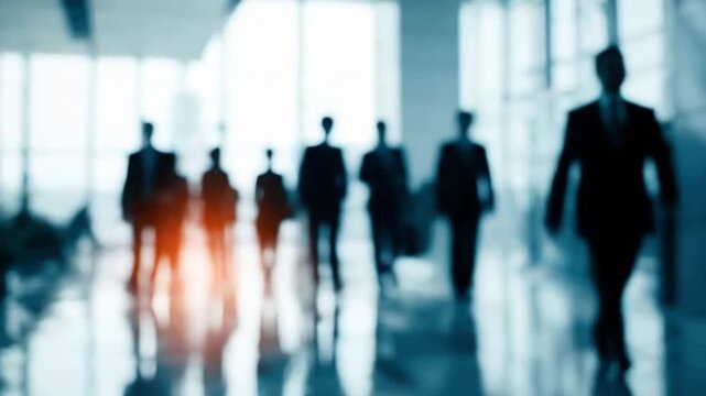 Silhouettes of business people walk through a modern, sunlit corporate lobby. This intentionally blurred, abstract footage with a cool blue tint and a warm lens flare conveys concepts of teamwork, amb