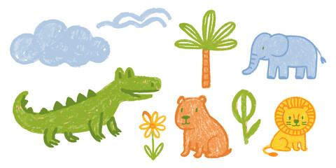 Crayon Animal Drawing Colorful Kids Vector with Nature & Wildlife Elements