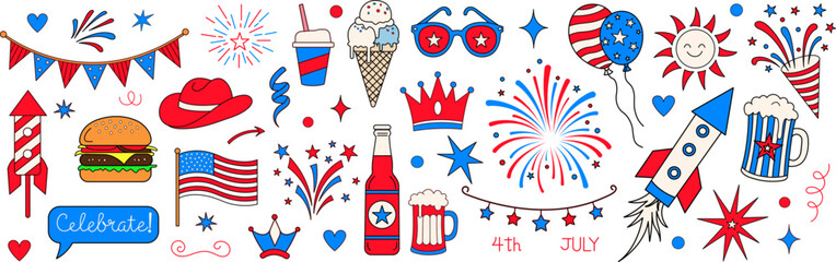 Fourth of july celebration icon collection with colorful hand drawn patriotic symbols fireworks food and americana elements set