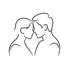 Black Color Minimal Line Art Couple Face to Face Valentine Illustration, Solid White Background.