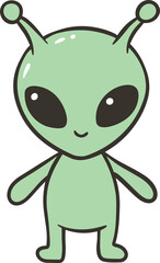 A cartoon of a light green alien with large black eyes and two antennae