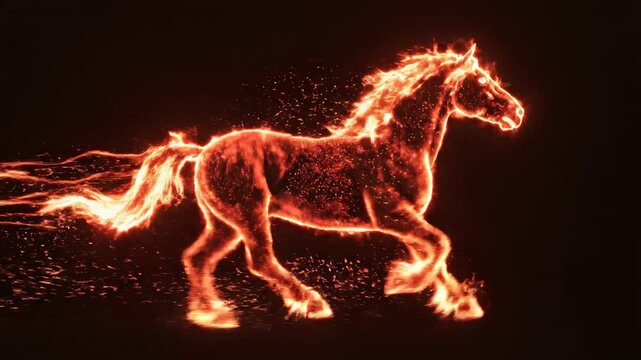 Abstract visualization of glowing red and orange digital energy particles forming the outline of a powerful running horse against a dark background glowing, data, looping