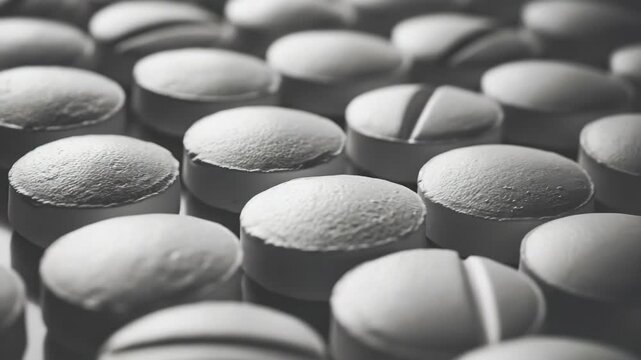 A collection of round pills with a shiny surface, all identical and arranged together in rows. The has a black and white filter.