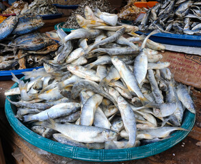 A large pile of fresh salted fish on display at a traditional market