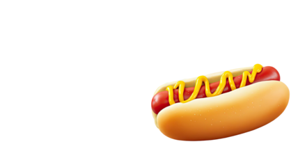 A fully dressed hot dog on a bun with mustard and a black background