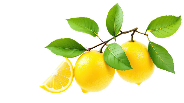 Vivid lemons with leaves on a branch and a juicy slice
