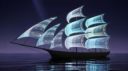 Sailing ship with ethereal sails made of luminous digital threads – Great for fantasy, data technology, or abstract sea travel content.