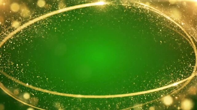 Elegant green background with swirling golden light trails and sparkling particles creating a festive abstract frame