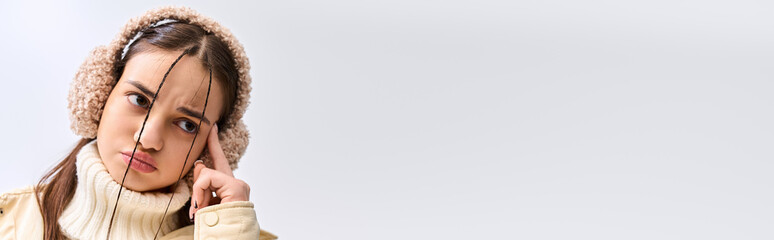 Pretty teenage girl in winter fashion poses thoughtfully in a stylish white studio © Bliss