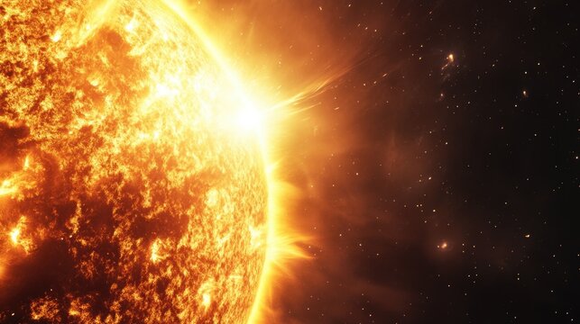 Close-up of the sun showcasing solar flares and coronal mass ejections in space