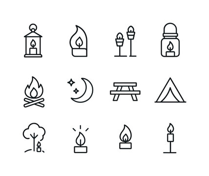 Outdoor Candlelight Icons. Outdoor candlelight. Line icon set of