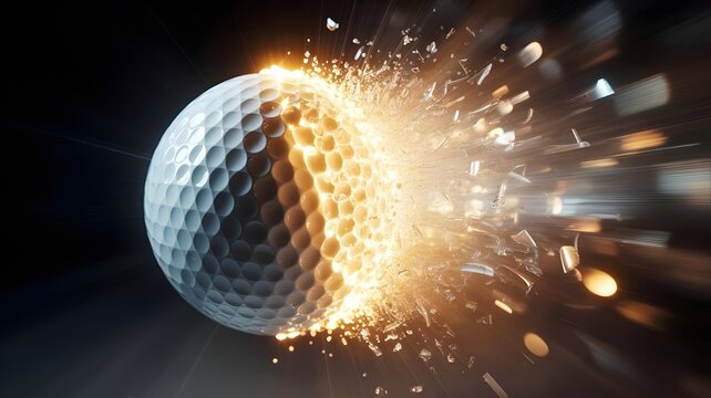 Golf ball dissolving into brilliant golden and white light fragments