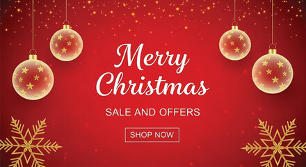 A vibrant red christmas background featuring sparkling ornaments festive snowflakes and a merry christmas message with sale offers high-quality