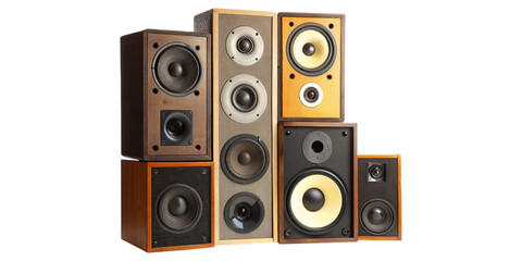 Obraz premium Pile of vintage speakers stacked in collection concept. Collection of vintage audio speakers stacked elegantly together.