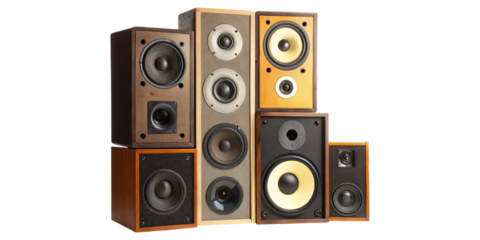 Pile of vintage speakers stacked in collection concept. Collection of vintage audio speakers stacked elegantly together.