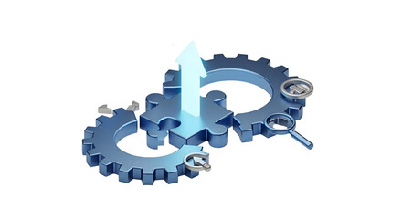 Finding the key piece for growth: a system of gears and a puzzle piece with an upward arrow