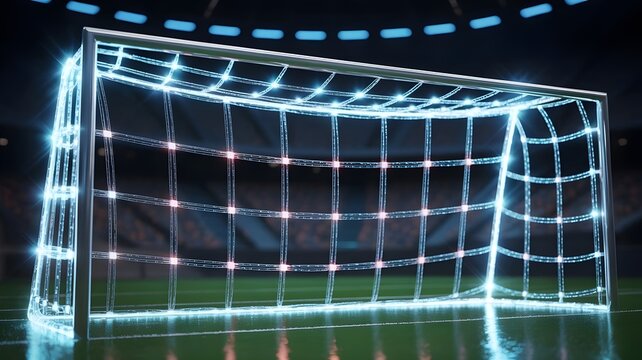 Cyberpunk soccer net of glowing fiber optic cables with data streams – Great for technology integration, sports innovation, or digital gaming content. - Powered by Adobe