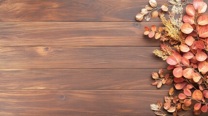 Fototapeta premium Autumnal Adornment on Wood: Delicate autumn foliage elegantly graces a rich, textured wooden surface, creating a warm, inviting composition that evokes the spirit of the season.