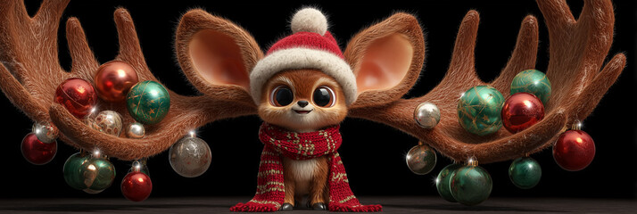 A Funny Reindeer with Oversized Antlers and Christmas Ornaments Wearing a Santa Hat and Red Scarf while Looking at Camera Against a Black Background for Holiday Celebration. Generative Ai.