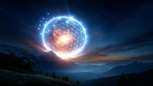 Sacred geometry symbol manifesting as natural light formation in mystical landscape, with copy space
