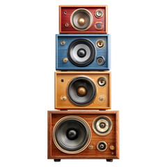 Pile of vintage speakers stacked in collection concept. Stacked vintage speakers showcasing classic audio design.