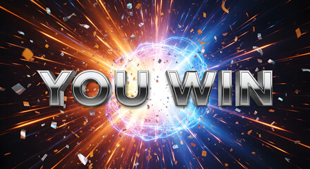 Stunning celebratory explosion graphic announcing YOU WIN with dynamic confetti and vibrant energy burst